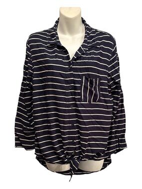 beachlunchlounge Navy and White Striped Shirt with bottom tie.  Size large